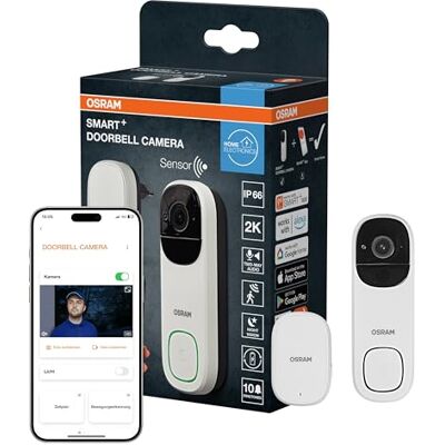 Osram SMART+ WiFi Video-Türklingel 3MP 2K, PIR-Sensor, 5200mAh Akku, Gong, 160° Winkel, Alexa kompatibel, Weiß Osram SMART+ WiFi Video-Türklingel 3MP 2K, PIR-Sensor, 5200mAh Akku, Gong, 160° Winkel, Alexa kompatibel, Weiß