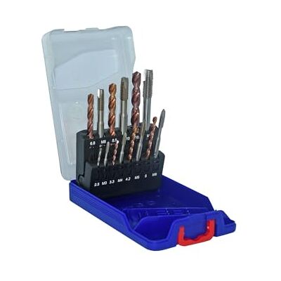 Tivoly Set aus Gewindeschneider + HSS-Bohrer mit Fusio-Beschichtung Set mit 7 Gewindeschneidern M3/M4/M5/M6/M8/M10/M12 + 7 Bohrern Ø 2,5-3,3-4,2-5-6,8-8,5-10,2 mm Tivoly Set aus Gewindeschneider + HSS-Bohrer mit Fusio-Beschichtung Set mit 7 Gewindeschneidern M3/M4/M5/M6/M8/M10/M12 + 7 Bohrern Ø 2,5-3,3-4,2-5-6,8-8,5-10,2 mm