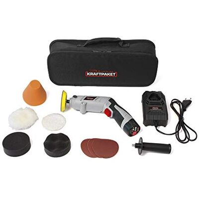 Dino KRAFTPAKET 640256 10.8V-Akku Poliermaschine Multiplex 75mm-Teller 600-3.000U/min mit drehbarem Gehäuse für Stab-oder Pistolenform. Komplett-Set mit Pads Polierteller Schnelladegerät, Tasche, Grau Dino KRAFTPAKET 640256 10.8V-Akku Poliermaschine Multiplex 75mm-Teller 600-3.000U/min mit drehbarem Gehäuse für Stab-oder Pistolenform. Komplett-Set mit Pads Polierteller Schnelladegerät, Tasche, Grau