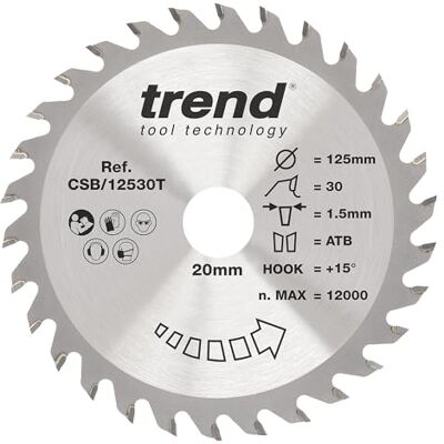 TREND Wood Akku-Kreissägeblatt, 125 mm Durchmesser, 20 mm Bohrung, 30 Zähne, 1,5 mm Schnittfuge, +15° Haken, TCT, mittlere Oberfläche, CSB/12530T TREND Wood Akku-Kreissägeblatt, 125 mm Durchmesser, 20 mm Bohrung, 30 Zähne, 1,5 mm Schnittfuge, +15° Haken, TCT, mittlere Oberfläche, CSB/12530T