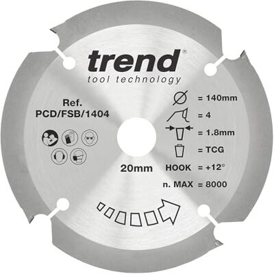 TREND Kreissägeblatt aus PKD-Faserzement, 140 mm Durchmesser, 20 mm Bohrung, 4 Zähne, 1,8 mm Schnittfuge, +12° Haken, PKD, grobe Oberfläche, PCD/FSB/1404 TREND Kreissägeblatt aus PKD-Faserzement, 140 mm Durchmesser, 20 mm Bohrung, 4 Zähne, 1,8 mm Schnittfuge, +12° Haken, PKD, grobe Oberfläche, PCD/FSB/1404