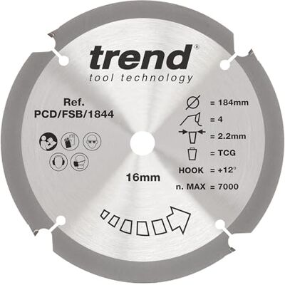 TREND Kreissägeblatt aus PCD-Faserzement, 184 mm Durchmesser, 16 mm Bohrung, 4 Zähne, 2,2 mm Schnittfuge, +12° Haken, PKD, grobe Oberfläche, PCD/FSB/1844 TREND Kreissägeblatt aus PCD-Faserzement, 184 mm Durchmesser, 16 mm Bohrung, 4 Zähne, 2,2 mm Schnittfuge, +12° Haken, PKD, grobe Oberfläche, PCD/FSB/1844
