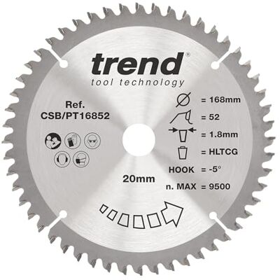 TREND Laminat- und HPL-Kreissägeblatt, 168 mm Durchmesser, 20 mm Bohrung, 52 Zähne, 1,8 mm Schnittfuge, -5° Haken, TCT, superfeine Oberfläche, CSB/PT16852 TREND Laminat- und HPL-Kreissägeblatt, 168 mm Durchmesser, 20 mm Bohrung, 52 Zähne, 1,8 mm Schnittfuge, -5° Haken, TCT, superfeine Oberfläche, CSB/PT16852