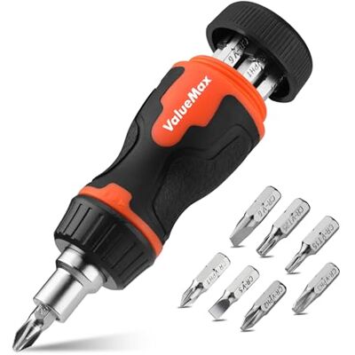 ValueMax Stubby Ratschenschraubendreher, mit 7 magnetischen Bits (PH1/2/3, T15/25, SL5/6), Kurzer Ratschenschraubendreher mit magnetischer Spitze, Mini Schraubendreher für enge Räume ValueMax Stubby Ratschenschraubendreher, mit 7 magnetischen Bits (PH1/2/3, T15/25, SL5/6), Kurzer Ratschenschraubendreher mit magnetischer Spitze, Mini Schraubendreher für enge Räume