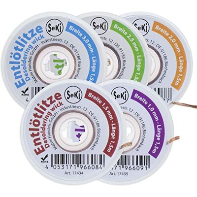 SeKi Entlötlitzen Sortiment 5 Abmessungen von 1,0-3,0mm jeweils 1,5 Meter Lang; Entlötsauglitze Hohe Saugleistung SeKi Entlötlitzen Sortiment 5 Abmessungen von 1,0-3,0mm jeweils 1,5 Meter Lang; Entlötsauglitze Hohe Saugleistung