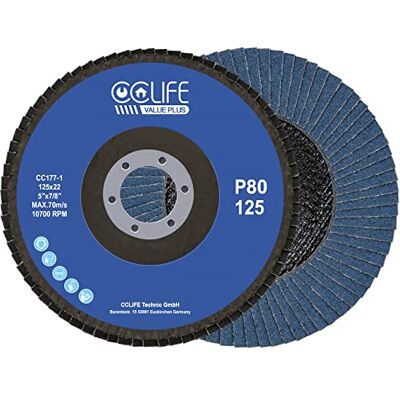 CCLIFE 10 Stück Profi Fächerscheiben 125 mm Korn 60/80 Lamellenscheiben Fächer Schleifscheiben für Edelstahl, Körnung P80 CCLIFE 10 Stück Profi Fächerscheiben 125 mm Korn 60/80 Lamellenscheiben Fächer Schleifscheiben für Edelstahl, Körnung P80