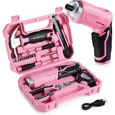 WORKPRO Werkzeugset Rosa pink 18 tlg. mit USB C Akkuschrauber klein, pinker Werkzeugkoffer gefüllt Haushalt, Werkzeugsatz für Heimwerker, Kinder, DIY Bastelei WORKPRO Werkzeugset Rosa pink 18 tlg. mit USB C Akkuschrauber klein, pinker Werkzeugkoffer gefüllt Haushalt, Werkzeugsatz für Heimwerker, Kinder, DIY Bastelei
