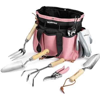 WORKPRO Gartenwerkzeug Set, 8 in 1 Rosa Gartengeräte mit Aufbewahrungstasche, aus Edelstahl, Gartenschaufel mit Holzgriff, Blumenschere, Gartenkralle, Handgrubber, Geschenk für Gärtnerin und Gärtner WORKPRO Gartenwerkzeug Set, 8 in 1 Rosa Gartengeräte mit Aufbewahrungstasche, aus Edelstahl, Gartenschaufel mit Holzgriff, Blumenschere, Gartenkralle, Handgrubber, Geschenk für Gärtnerin und Gärtner