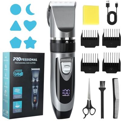 Cozary Haarschneidemaschine, Barttrimmer Herren Profi, Bartschneider Herren, USB aufladen mit LED-Anzeige, 120 min, 4 Führungskämmen, Kabelloser Haarschneider Set für Männer, oder Haustiere Cozary Haarschneidemaschine, Barttrimmer Herren Profi, Bartschneider Herren, USB aufladen mit LED-Anzeige, 120 min, 4 Führungskämmen, Kabelloser Haarschneider Set für Männer, oder Haustiere