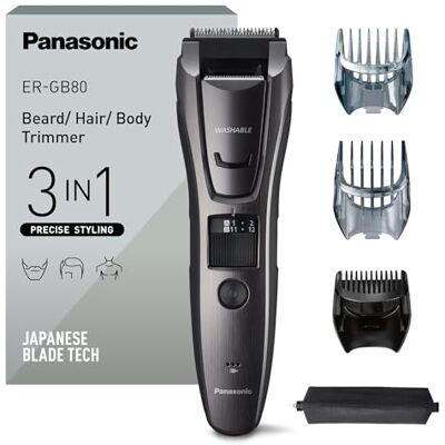 Panasonic ER-GB80-H503 Bart-, Haar- & Körperschneider für Männer, tragbarer kabelloser, wasserdichter Trimmer, 39 Längen, 3 Aufsätze, Präzisions-Trimmer, kabellos & kabelgebunden, Dunkelsilber Panasonic ER-GB80-H503 Bart-, Haar- & Körperschneider für Männer, tragbarer kabelloser, wasserdichter Trimmer, 39 Längen, 3 Aufsätze, Präzisions-Trimmer, kabellos & kabelgebunden, Dunkelsilber