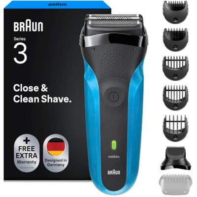 Braun Rasierer Herren Elektrisch Series 3, Rasierapparat, 310BT, Blau Kabelloser Elektrorasierer, 3 Flexiblen Klingen, Barttrimmer, 30 Min Akku, Wasserdicht, Inkl. Barttrimmer Aufsatz, 5 Aufsätze Braun Rasierer Herren Elektrisch Series 3, Rasierapparat, 310BT, Blau Kabelloser Elektrorasierer, 3 Flexiblen Klingen, Barttrimmer, 30 Min Akku, Wasserdicht, Inkl. Barttrimmer Aufsatz, 5 Aufsätze
