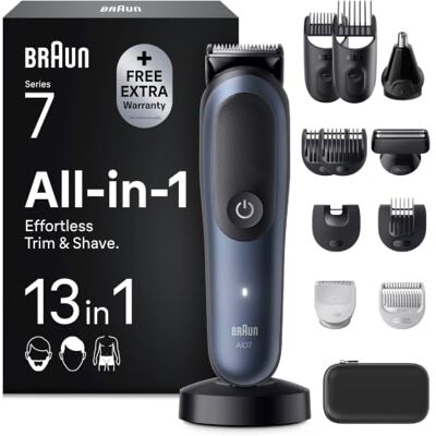 Braun Multigroom All-in-One Series 7, 13-in-1 Trimmer-Set 7, AIO7565, Blau Barttrimmer, Nasenhaartrimmer, Haarschneidemaschine für Gesicht, Kopf Und Körper, 14 Längen, 120 Min. Akku, Wasserdicht Braun Multigroom All-in-One Series 7, 13-in-1 Trimmer-Set 7, AIO7565, Blau Barttrimmer, Nasenhaartrimmer, Haarschneidemaschine für Gesicht, Kopf Und Körper, 14 Längen, 120 Min. Akku, Wasserdicht