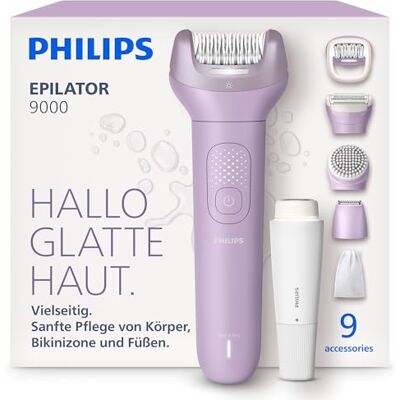 Philips Epilierer Series 9000 Kabelloser Epilierer für Nass- und Trockenanwendung, Haarentfernung für Körper, Gesicht und Bikinizone, mit ProGuide, 9 Zubehörteile, 60 Min. Akku, Modell BRE729/00 Philips Epilierer Series 9000 Kabelloser Epilierer für Nass- und Trockenanwendung, Haarentfernung für Körper, Gesicht und Bikinizone, mit ProGuide, 9 Zubehörteile, 60 Min. Akku, Modell BRE729/00