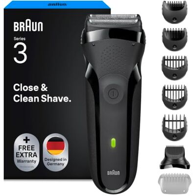 Braun Series 3 Elektrorasierer für Männer, Trockenfolienrasierer, 5 Kämme Inklusive Bartschneider-Aufsatz, 3 flexible Klingen, wiederaufladbarer Akku, Made in Germany, Modell 300BT Braun Series 3 Elektrorasierer für Männer, Trockenfolienrasierer, 5 Kämme Inklusive Bartschneider-Aufsatz, 3 flexible Klingen, wiederaufladbarer Akku, Made in Germany, Modell 300BT