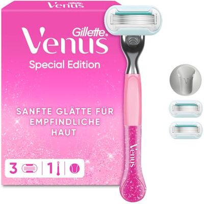 Gillette Party Edition Rasierer Damen, Rosa Nassrasierer für Sensible Haut mit Einem Hauch Aloe Vera für Eine Reizfreie Rasur, Inkl. 3 Rasierklingen Und Duschhalterung Gillette Party Edition Rasierer Damen, Rosa Nassrasierer für Sensible Haut mit Einem Hauch Aloe Vera für Eine Reizfreie Rasur, Inkl. 3 Rasierklingen Und Duschhalterung