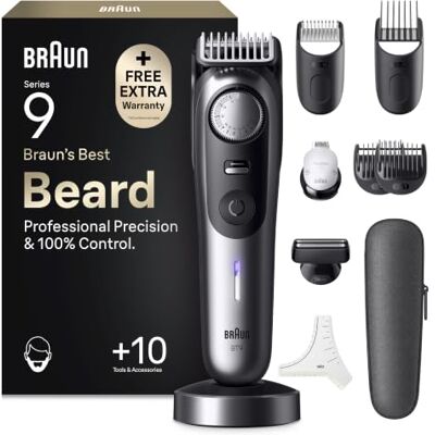 Braun Barttrimmer Series 9, Kabelloser Bartschneider Herren, BT9545, Chrom Bart Rasierer mit 52 Längen, Trimmer mit 180 Min. Akku, Wasserdicht, Inkl. 10 Barber-Tools, Lebenslang Ultrascharfe Klinge Braun Barttrimmer Series 9, Kabelloser Bartschneider Herren, BT9545, Chrom Bart Rasierer mit 52 Längen, Trimmer mit 180 Min. Akku, Wasserdicht, Inkl. 10 Barber-Tools, Lebenslang Ultrascharfe Klinge