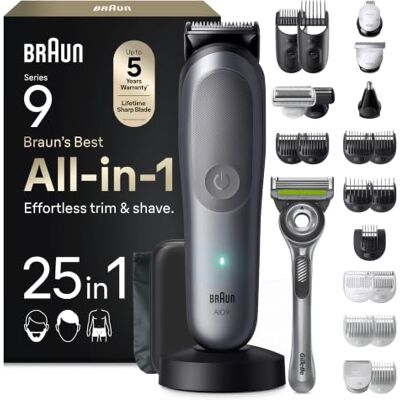 Braun Multigroom All-in-One Series 9, 25-in-1 Trimmer, AIO9565, Grau Barttrimmer, Nasenhaartrimmer, Haarschneidemaschine, 14 Längen, 120 Min. Akku, Wasserdicht, Inkl. Gillette Labs Rasierer Braun Multigroom All-in-One Series 9, 25-in-1 Trimmer, AIO9565, Grau Barttrimmer, Nasenhaartrimmer, Haarschneidemaschine, 14 Längen, 120 Min. Akku, Wasserdicht, Inkl. Gillette Labs Rasierer