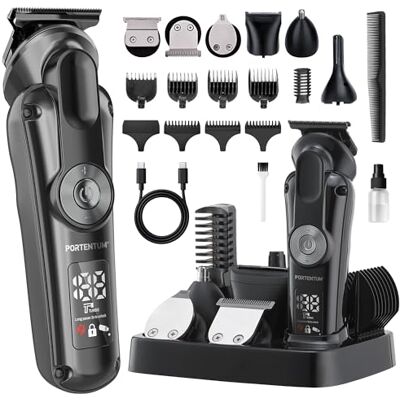 PORTENTUM Haarschneidemaschine profi – Set mit 21 – LED – Barttrimmer herren – trimmer für Gesicht und Körper – Bartschneider – 6 Aufsätze – 7 Kammaufsätze – USB-C – Kompakte Aufbewahrungsstation PORTENTUM Haarschneidemaschine profi – Set mit 21 – LED – Barttrimmer herren – trimmer für Gesicht und Körper – Bartschneider – 6 Aufsätze – 7 Kammaufsätze – USB-C – Kompakte Aufbewahrungsstation