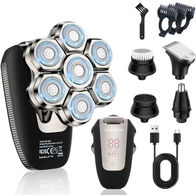 BARBERBOSS Glatzen Rasierer Herren, Magnetischer Rotationsrasierer, 7D Glatzenrasierer für Männer, 5-in-1 Elektrischer mit LED-Display, Bart- & Nasentrimmer, All-in-One-Gesichtspflege-Kit, QR-2025 BARBERBOSS Glatzen Rasierer Herren, Magnetischer Rotationsrasierer, 7D Glatzenrasierer für Männer, 5-in-1 Elektrischer mit LED-Display, Bart- & Nasentrimmer, All-in-One-Gesichtspflege-Kit, QR-2025
