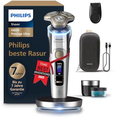 Philips elektrischer Rasierer i9000 Prestige Ultra, Nass- und Trockenrasierer für Herren, chrom, Druck- und Bewegungssensor, Trimmeraufsatz, Reinigungsstation, Ladestation und Reiseetui (XP9404/31) Philips elektrischer Rasierer i9000 Prestige Ultra, Nass- und Trockenrasierer für Herren, chrom, Druck- und Bewegungssensor, Trimmeraufsatz, Reinigungsstation, Ladestation und Reiseetui (XP9404/31)