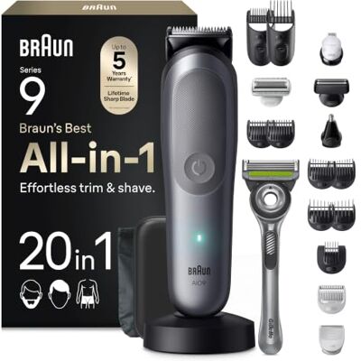 Braun Multigroom All-in-One Series 9, 20-in-1 Trimmer, AIO9540, Grau Barttrimmer, Nasenhaartrimmer, Haarschneidemaschine, 14 Längen, 120 Min. Akku, Wasserdicht, Inkl. Gillette Labs Rasierer Braun Multigroom All-in-One Series 9, 20-in-1 Trimmer, AIO9540, Grau Barttrimmer, Nasenhaartrimmer, Haarschneidemaschine, 14 Längen, 120 Min. Akku, Wasserdicht, Inkl. Gillette Labs Rasierer