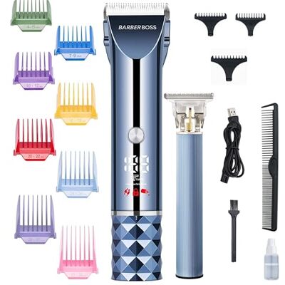 BARBERBOSS Haarschneidemaschine, Bart- und Haarschneider-Set für Herren, T-Klingen-Trimmer aus Keramik und Titan, 8 farbige Kammaufsätze, kabellos mit USB-Aufladung, QR-2681 BARBERBOSS Haarschneidemaschine, Bart- und Haarschneider-Set für Herren, T-Klingen-Trimmer aus Keramik und Titan, 8 farbige Kammaufsätze, kabellos mit USB-Aufladung, QR-2681
