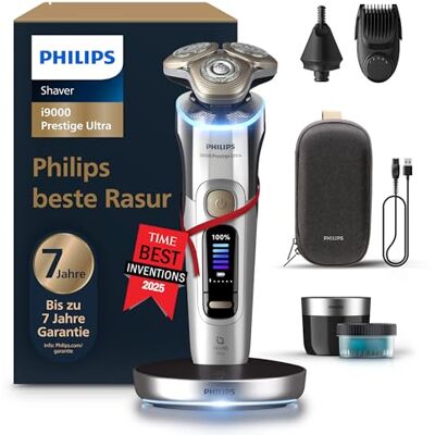 Philips Rasierer i9000 Prestige Ultra für Herren, Nass- und Trockenrasur, chrom, Druck- und Bewegungssensor, 5+1 Bartstyler, Nasenhaartrimmer, Reinigungsstation, Ladestation und Reiseetui (XP9404/38) Philips Rasierer i9000 Prestige Ultra für Herren, Nass- und Trockenrasur, chrom, Druck- und Bewegungssensor, 5+1 Bartstyler, Nasenhaartrimmer, Reinigungsstation, Ladestation und Reiseetui (XP9404/38)