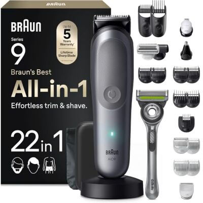 Braun Multigroom All-in-One Series 9, 22-in-1 Trimmer, AIO9545, Grau Barttrimmer, Nasenhaartrimmer, Haarschneidemaschine, 14 Längen, 120 Min. Akku, Wasserdicht, Inkl. Gillette Labs Rasierer Braun Multigroom All-in-One Series 9, 22-in-1 Trimmer, AIO9545, Grau Barttrimmer, Nasenhaartrimmer, Haarschneidemaschine, 14 Längen, 120 Min. Akku, Wasserdicht, Inkl. Gillette Labs Rasierer