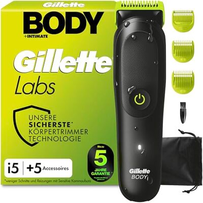 Gillette Labs i5 Body + Intimate Trimmer Herren mit SkinFirst-Technologie — Intimrasierer Mann für Körper & Intimbereich, Wasserdichte — Schwarz/Grün Gillette Labs i5 Body + Intimate Trimmer Herren mit SkinFirst-Technologie — Intimrasierer Mann für Körper & Intimbereich, Wasserdichte — Schwarz/Grün