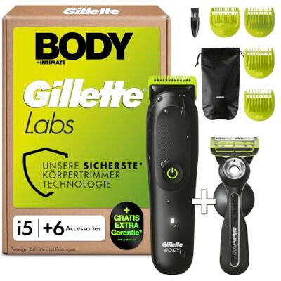 Gillette Labs Body + Intimate, i5 Körpertrimmer und Rasierer Rasierset, entworfen für Körper, Gesicht und Intimbereich, Zubehör für unterwegs, 3 Aufsätze, Reiseetui Gillette Labs Body + Intimate, i5 Körpertrimmer und Rasierer Rasierset, entworfen für Körper, Gesicht und Intimbereich, Zubehör für unterwegs, 3 Aufsätze, Reiseetui