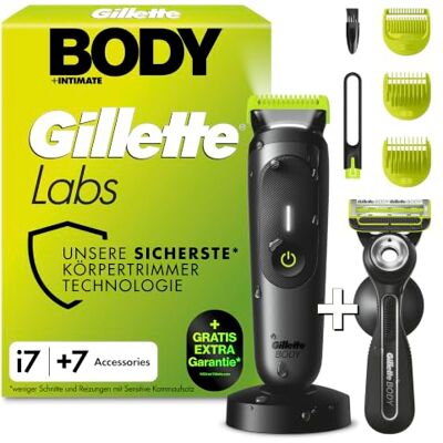 Gillette Labs Body + Intimate, i7 Körpertrimmer Und Rasierer, Schwarz/Grün Intimrasierer Mann, Körper Und Intimbereich, Wasserdicht Und Nassrasierer, Schutz Vor Eingewachsenen Haaren Und Irritationen Gillette Labs Body + Intimate, i7 Körpertrimmer Und Rasierer, Schwarz/Grün Intimrasierer Mann, Körper Und Intimbereich, Wasserdicht Und Nassrasierer, Schutz Vor Eingewachsenen Haaren Und Irritationen