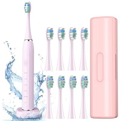 COULAX Elektrische Schallzahnbürste Reisezahnbürsten Schallzahnbürste, Kabelloses Laden, Elektrische Zahnbürste mit 8 Köpfen (Rosa) COULAX Elektrische Schallzahnbürste Reisezahnbürsten Schallzahnbürste, Kabelloses Laden, Elektrische Zahnbürste mit 8 Köpfen (Rosa)