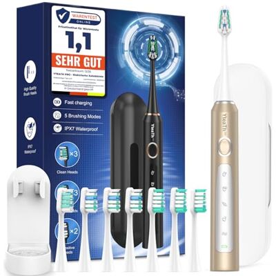 YTEATH PRO Elektrische Zahnbürste für Erwachsene Schallzahnbürsten mit 8 Zahnbürstenköpfen (3 Typen) und 2 Minuten Smart Timer, 90 Tage Akkulaufzeit, 5 Putzmodi, Reiseetui YTEATH PRO Elektrische Zahnbürste für Erwachsene Schallzahnbürsten mit 8 Zahnbürstenköpfen (3 Typen) und 2 Minuten Smart Timer, 90 Tage Akkulaufzeit, 5 Putzmodi, Reiseetui