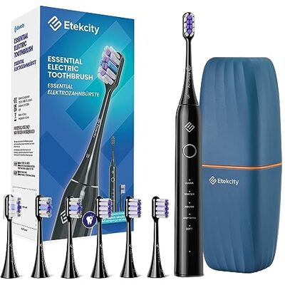 Etekcity Elektrische Schallzahnbürste, Deep Clean Modi, 6 Bürstenköpfe, schnelle Aufladung für 60 Tage&40000 VPM, Erwachsene und Kinder, 2 Min Smart Timer, 5 Modi & Reiseetui, Schwarz Etekcity Elektrische Schallzahnbürste, Deep Clean Modi, 6 Bürstenköpfe, schnelle Aufladung für 60 Tage&40000 VPM, Erwachsene und Kinder, 2 Min Smart Timer, 5 Modi & Reiseetui, Schwarz