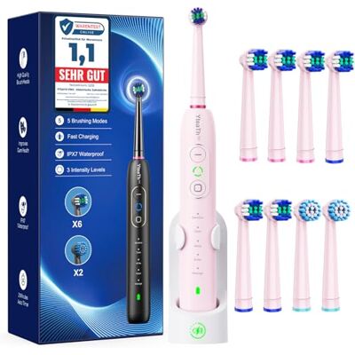 YTEATH PRO Elektrische Zahnbürsten, Rotierende Zahnbürsten für Erwachsene und Kinder mit 8 Aufsteckbürste (2 Typen), 3 Intensitäten, 5 Modi, Electric Toothbrush mit Wandhalterung Ladestation, wasserdicht IPX7 YTEATH PRO Elektrische Zahnbürsten, Rotierende Zahnbürsten für Erwachsene und Kinder mit 8 Aufsteckbürste (2 Typen), 3 Intensitäten, 5 Modi, Electric Toothbrush mit Wandhalterung Ladestation, wasserdicht IPX7