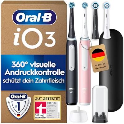 Oral-B iO Series 3 Elektrische Zahnbürste, Doppelpack, Schwarz/Rosa Inkl. 4 Aufsteckbürsten, GUT GETESTET von STIFTUNG WARENTEST, Electric Toothbrush mit 3 Putzmodi für Zahnpflege Oral-B iO Series 3 Elektrische Zahnbürste, Doppelpack, Schwarz/Rosa Inkl. 4 Aufsteckbürsten, GUT GETESTET von STIFTUNG WARENTEST, Electric Toothbrush mit 3 Putzmodi für Zahnpflege
