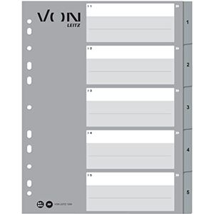 Leitz VON 10er Pack Zahlen-Register A4, 1-5 nummerierte Trennblätter für Ordner, PP, Extra breit, 11-Loch-Universalregister für Schnellhefter & Ringbücher, Grau, 12590085 Leitz VON 10er Pack Zahlen-Register A4, 1-5 nummerierte Trennblätter für Ordner, PP, Extra breit, 11-Loch-Universalregister für Schnellhefter & Ringbücher, Grau, 12590085