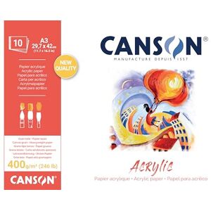 Canson Acrylic, Acrylpapier, Leinwandkörnung, 400 g/m², an der kurzen Seite geleimter Block, A3, 29,7 x 42 cm, naturweiß, 10 Blätter Canson Acrylic, Acrylpapier, Leinwandkörnung, 400 g/m², an der kurzen Seite geleimter Block, A3, 29,7 x 42 cm, naturweiß, 10 Blätter