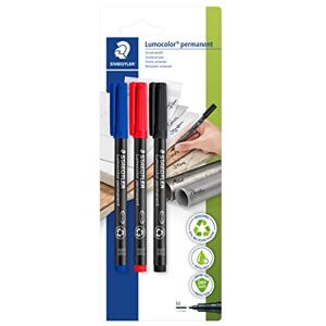 Staedtler permanenter Universalstift Lumocolor, wisch- und wasserfest, sekundenschnell trocken, nachfüllbar, Linienbreite 1 mm, 3 Marker blau/rot/schwarz auf Blisterkarte, 317-S BK3D Staedtler permanenter Universalstift Lumocolor, wisch- und wasserfest, sekundenschnell trocken, nachfüllbar, Linienbreite 1 mm, 3 Marker blau/rot/schwarz auf Blisterkarte, 317-S BK3D