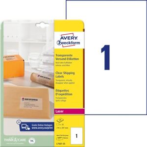 Avery L7567-25 Versandetiketten/ Versandaufkleber (25 Etiketten, 210 x 297mm auf A4, bedruckbar, selbstklebend, für Pakete, Päckchen und Versandrollen) 25 Blatt, transparent Avery L7567-25 Versandetiketten/ Versandaufkleber (25 Etiketten, 210 x 297mm auf A4, bedruckbar, selbstklebend, für Pakete, Päckchen und Versandrollen) 25 Blatt, transparent