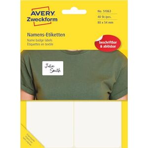 Avery Art. 51063 Namensetiketten für Kleidung (40 Namensaufkleber, 80x54mm, selbstklebend, Textiletiketten aus Acetatseide, Namensschild handbeschriftbar, einfach ablösbar) 10 Blatt, weiß Avery Art. 51063 Namensetiketten für Kleidung (40 Namensaufkleber, 80x54mm, selbstklebend, Textiletiketten aus Acetatseide, Namensschild handbeschriftbar, einfach ablösbar) 10 Blatt, weiß