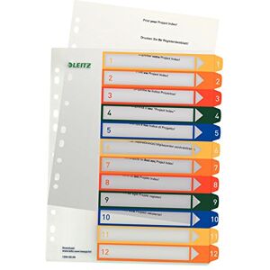 Leitz Register für A4, PC-beschriftbares Deckblatt und 12 Trennblätter, Taben mit Zahlenaufdruck 1-12, Überbreite, Weiß/Mehrfarbig, Polypropylen, 12940000 Leitz Register für A4, PC-beschriftbares Deckblatt und 12 Trennblätter, Taben mit Zahlenaufdruck 1-12, Überbreite, Weiß/Mehrfarbig, Polypropylen, 12940000