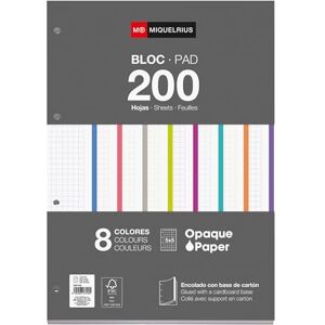 Miquelrius A4 Nachfüllblätter 200 Blatt kariert 5x5 mm, Papier 70 g/m², Seitlich geleimter Block, Gelocht für Ordner, 8 Farben, Schulbedarf Miquelrius A4 Nachfüllblätter 200 Blatt kariert 5x5 mm, Papier 70 g/m², Seitlich geleimter Block, Gelocht für Ordner, 8 Farben, Schulbedarf