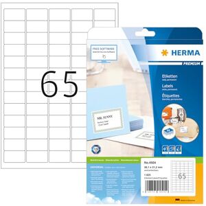 Herma 4504 Universal Etiketten, 25 Blatt, 38,1 x 21,2 mm, 65 pro A4 Bogen, 1625 Stück, selbstklebend, bedruckbar, matt, blanko Papier Klebeetiketten Aufkleber, weiß Herma 4504 Universal Etiketten, 25 Blatt, 38,1 x 21,2 mm, 65 pro A4 Bogen, 1625 Stück, selbstklebend, bedruckbar, matt, blanko Papier Klebeetiketten Aufkleber, weiß