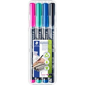 Staedtler permanenter Universalstift Lumocolor, wisch- und wasserfest, sekundenschnell trocken, F-Spitze Linienbreite 0,6 mm, 4 Marker in brillanten Farben, 318 WP4-1 Staedtler permanenter Universalstift Lumocolor, wisch- und wasserfest, sekundenschnell trocken, F-Spitze Linienbreite 0,6 mm, 4 Marker in brillanten Farben, 318 WP4-1