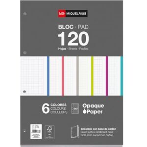 Miquelrius A4 Nachfüllblätter 120 Blatt kariert 5x5 mm, Papier 70 g/m², Seitlich geleimter Block, Gelocht für Ordner, 6 Farben, Schulbedarf Miquelrius A4 Nachfüllblätter 120 Blatt kariert 5x5 mm, Papier 70 g/m², Seitlich geleimter Block, Gelocht für Ordner, 6 Farben, Schulbedarf