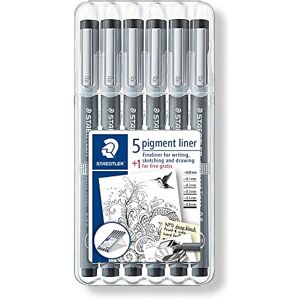 Staedtler Fineliner Set pigment liner, 6 Linienbreiten, hohe Qualität, Pigmenttinte, dokumentenecht, lichtbeständig, schwarz, 5 Fineliner und 1 Stück gratis, 308 SB6P1 Staedtler Fineliner Set pigment liner, 6 Linienbreiten, hohe Qualität, Pigmenttinte, dokumentenecht, lichtbeständig, schwarz, 5 Fineliner und 1 Stück gratis, 308 SB6P1