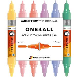 Molotow One4All Acrylic Twin Marker Pastel Classic Set (1,5 und 4,0 mm Strichstärke, hochdeckend und permanent, schnell trocknend, nachfüllbar, für fast alle Untergründe) 6 Stück sortiert Molotow One4All Acrylic Twin Marker Pastel Classic Set (1,5 und 4,0 mm Strichstärke, hochdeckend und permanent, schnell trocknend, nachfüllbar, für fast alle Untergründe) 6 Stück sortiert