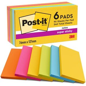 Post-it Super Sticky Notes, Packung mit 6 Blöcken, 90 Blatt pro Block, 76 × 127 mm, Gelb, Blau, Grün, Pink, Orange – Extra-Stark Klebende Notizzettel für to-Do-Listen und Erinnerungen Post-it Super Sticky Notes, Packung mit 6 Blöcken, 90 Blatt pro Block, 76 × 127 mm, Gelb, Blau, Grün, Pink, Orange – Extra-Stark Klebende Notizzettel für to-Do-Listen und Erinnerungen