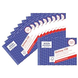 Avery 1735-10 Quittungsblock (A6 quer, 2x40 Blatt, mit Durchschlag, fälschungssicher, separat ausgewiesene MwSt., für Deutschland und Österreich) 10er-Pack, weiß/gelb Avery 1735-10 Quittungsblock (A6 quer, 2x40 Blatt, mit Durchschlag, fälschungssicher, separat ausgewiesene MwSt., für Deutschland und Österreich) 10er-Pack, weiß/gelb